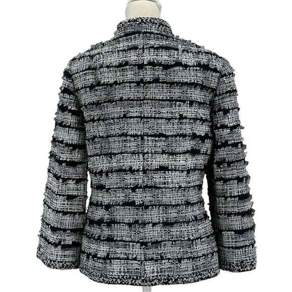 Per Se Navy Blue & White Tweed & Allover Fringe Overlay Blazer Jacket Size 6 - Picture 2 of 7